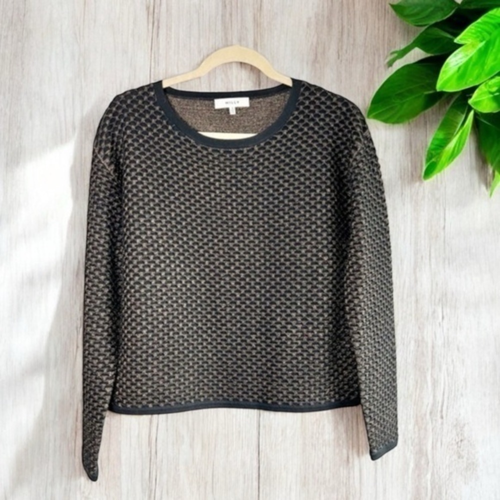 Milly Crewneck sweater womens size small black gold sparkle woven texture